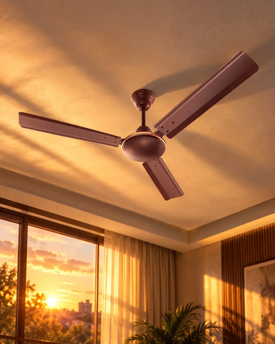A brown Revolta ceiling fan on a living-room ceiling at sunset