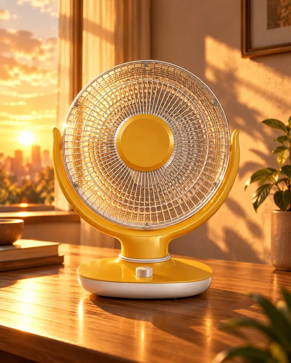 A yellow Revolta room heater on a table by a window at sunset