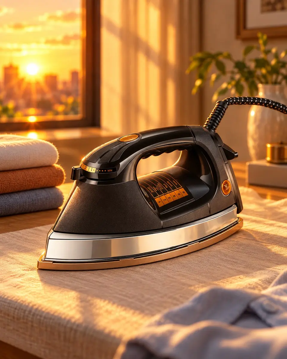 A black Revolta dry iron on an ironing cloth beside folded towels at sunset