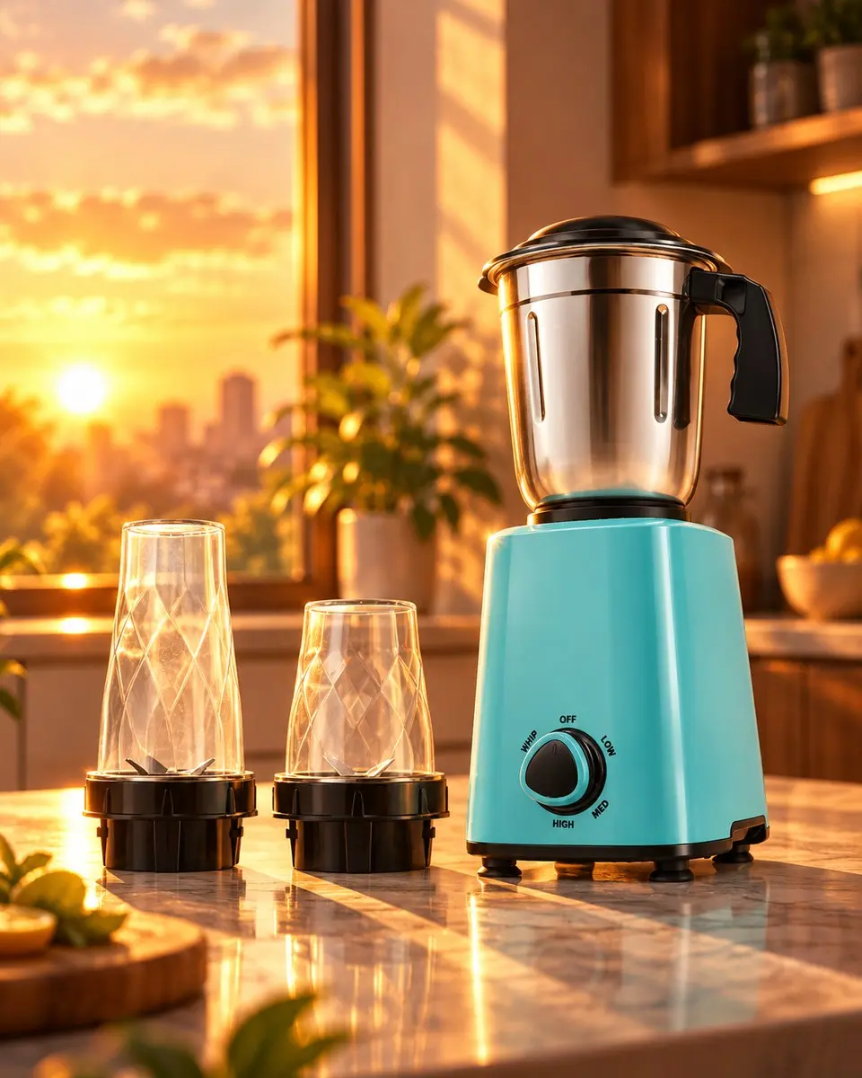 A teal Revolta mixer with a steel jar and clear cups on a kitchen counter at sunset