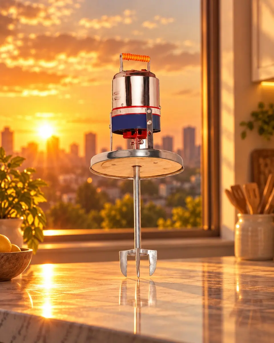 A Revolta madhani churner standing on a kitchen counter by a window at sunset
