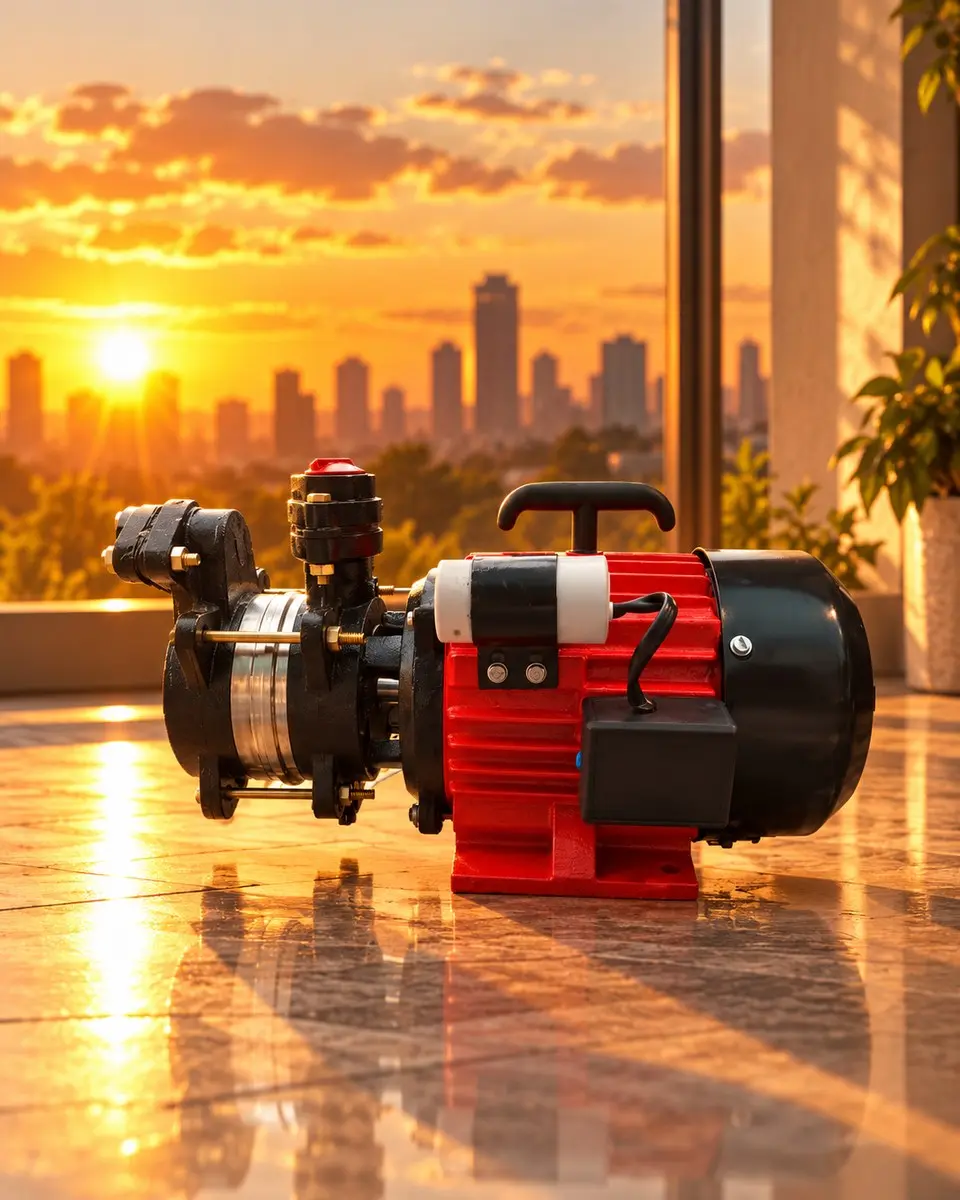 A red and black Revolta mono pump on a stone floor by a window at sunset